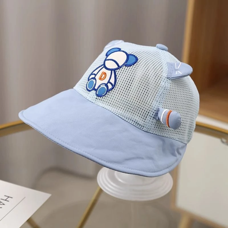 婴儿防晒帽子夏季男童卡通小熊网格太阳帽宝宝夏天透气大檐遮阳帽