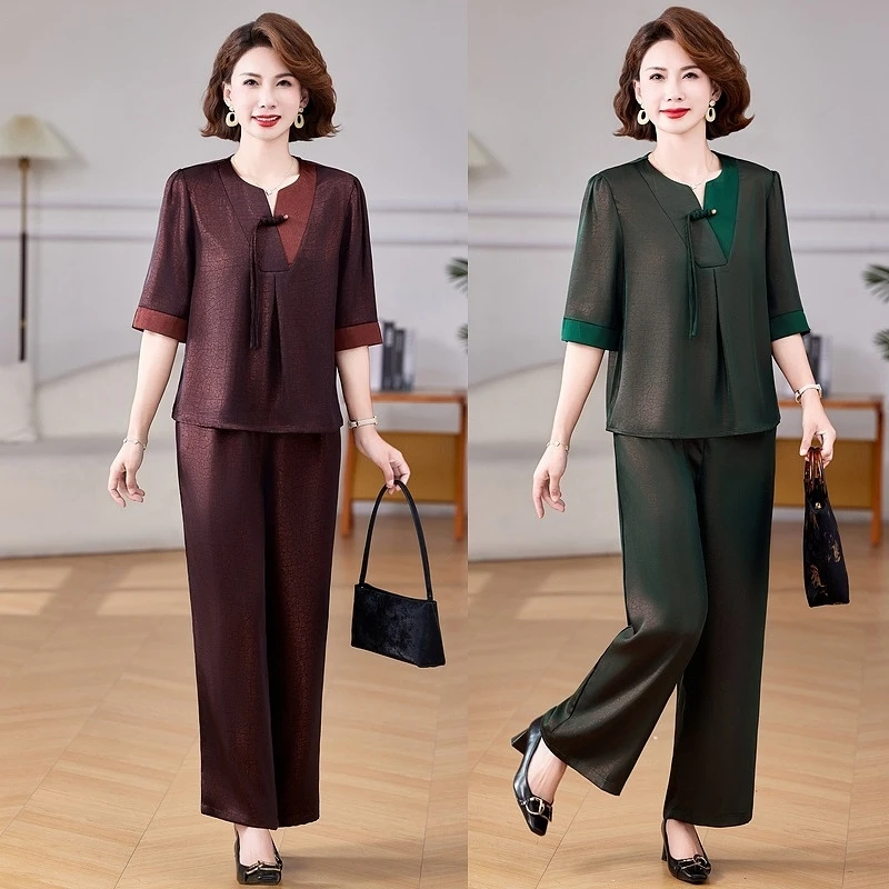 夏季妈妈新款时尚中式套装宽松显瘦中老年女装短袖上衣裤子两件套