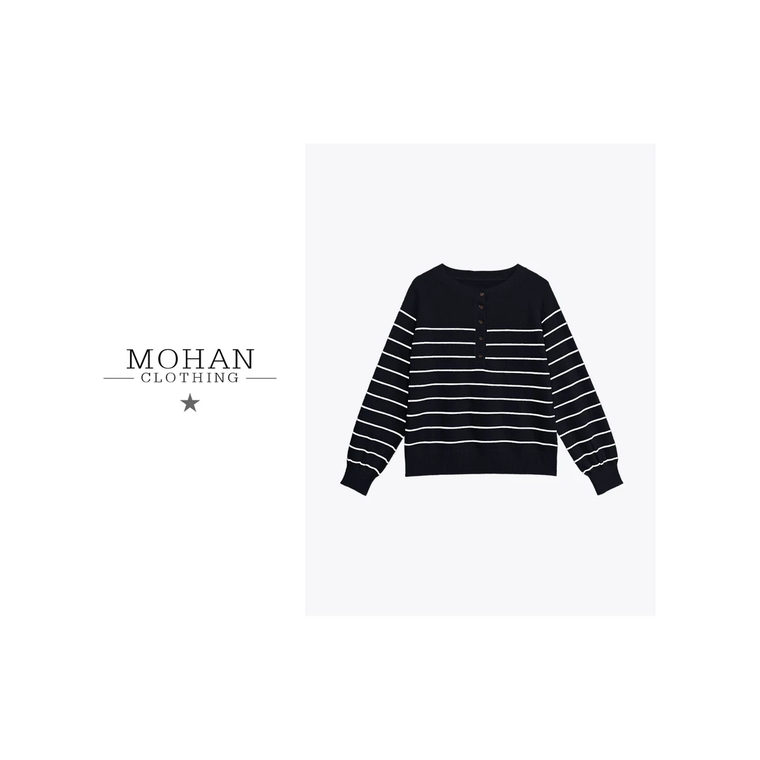 CLOTHING/墨含休闲高级感百搭套头毛衫长袖圆领条纹毛衣HZ7717
