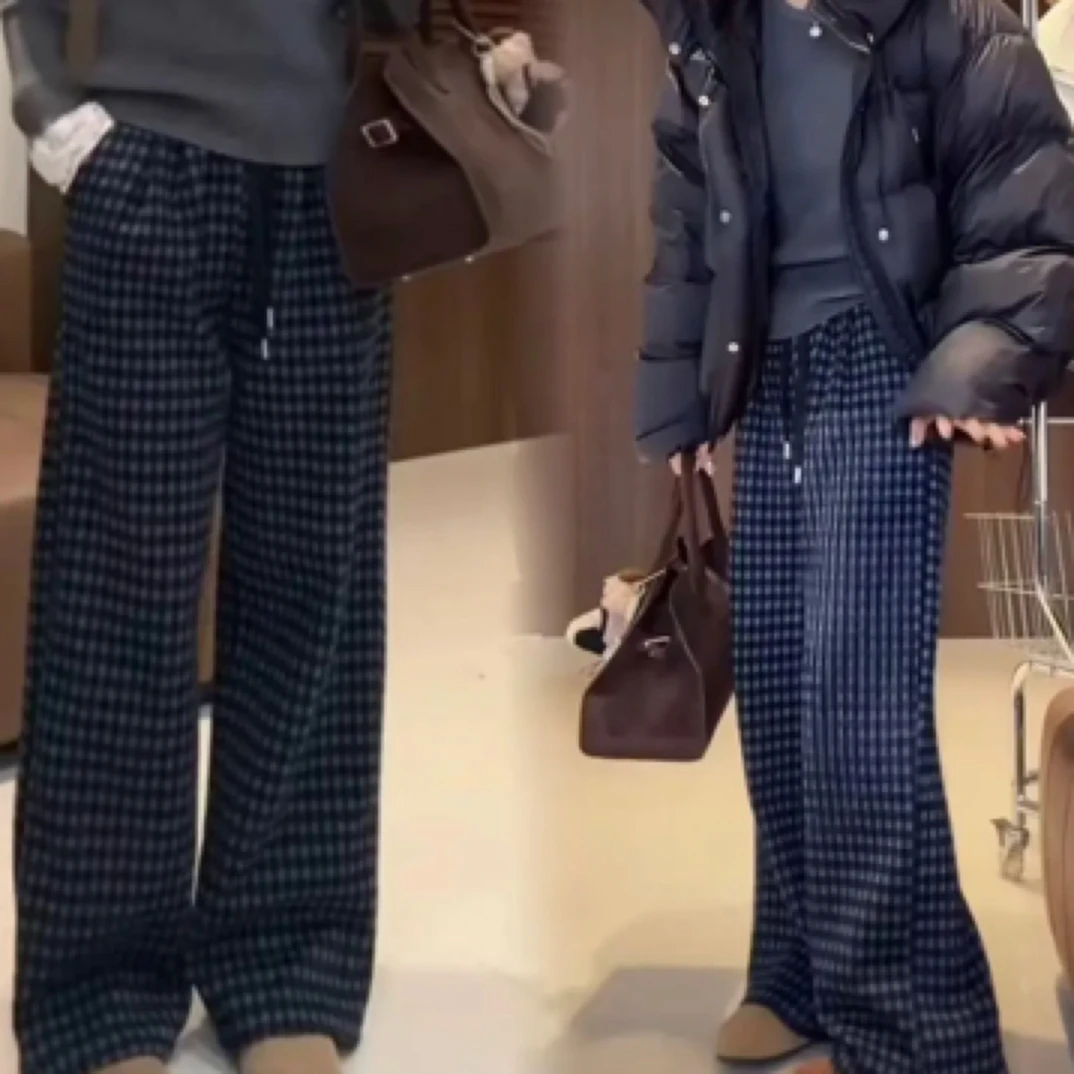 复古格子加绒阔腿裤