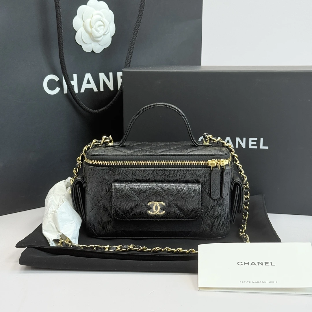 99新 Chanel/香奈儿 23B黑金荔枝牛皮cargo化妆盒子 13808