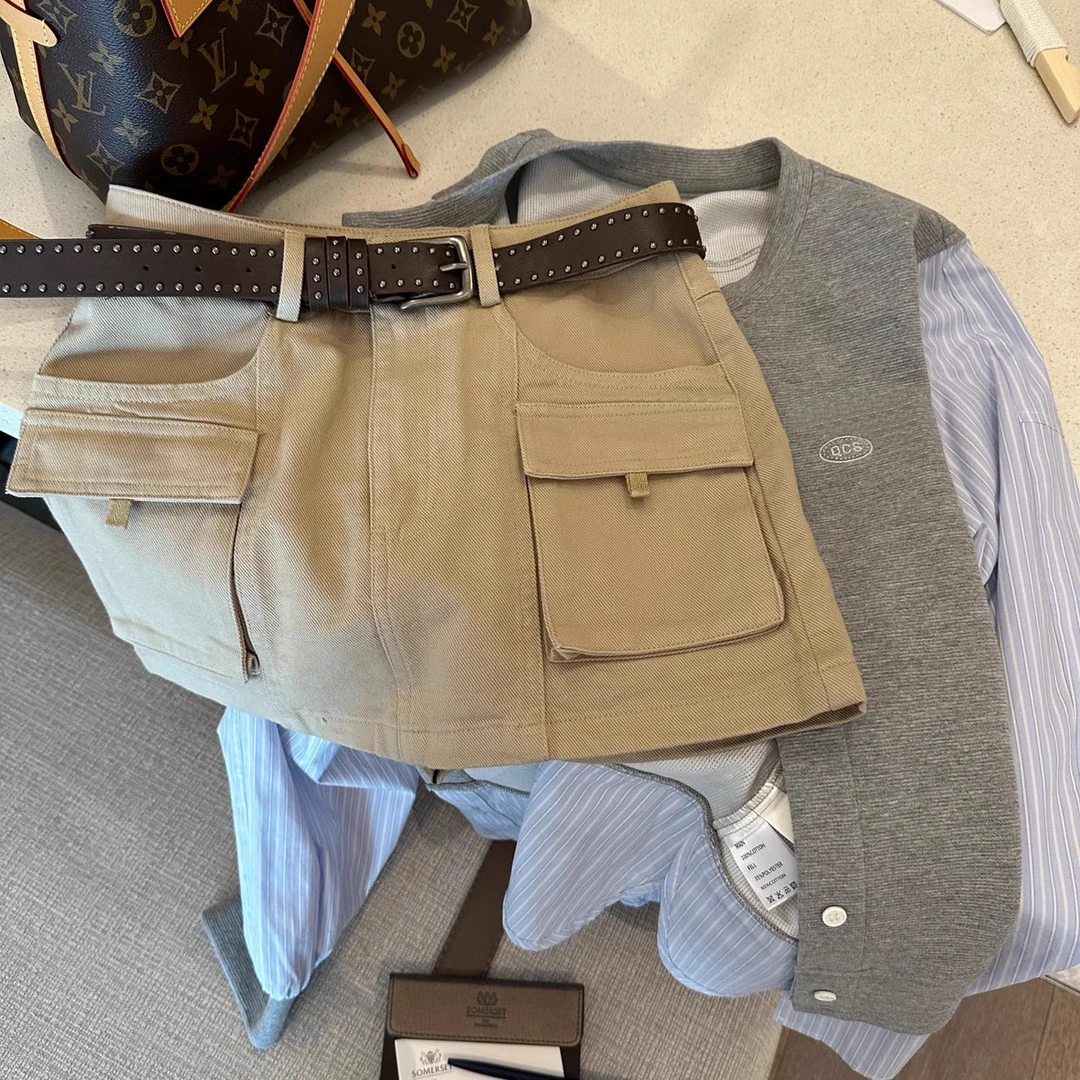 2025夏季薄款美式复古宽松百搭休闲口袋工装牛仔裙女高腰包臀短裙