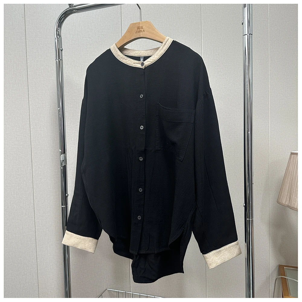 2C001 春季新款宽松拼色圆领长袖休闲衬衫女