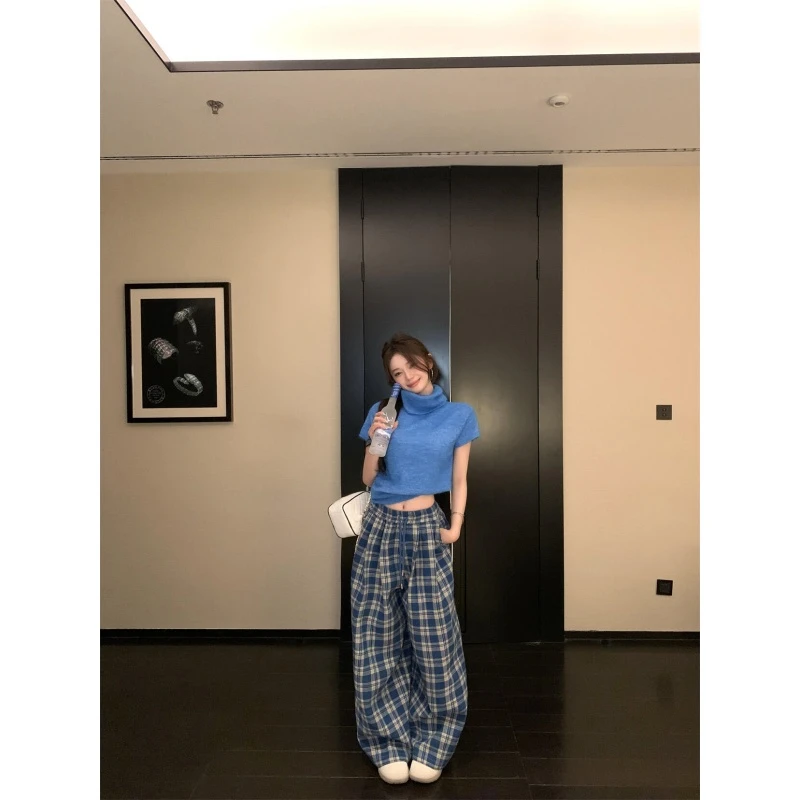 韩系高级感蓝色高领毛衣女秋冬季宽松慵懒风内搭复古高腰格子长裤
