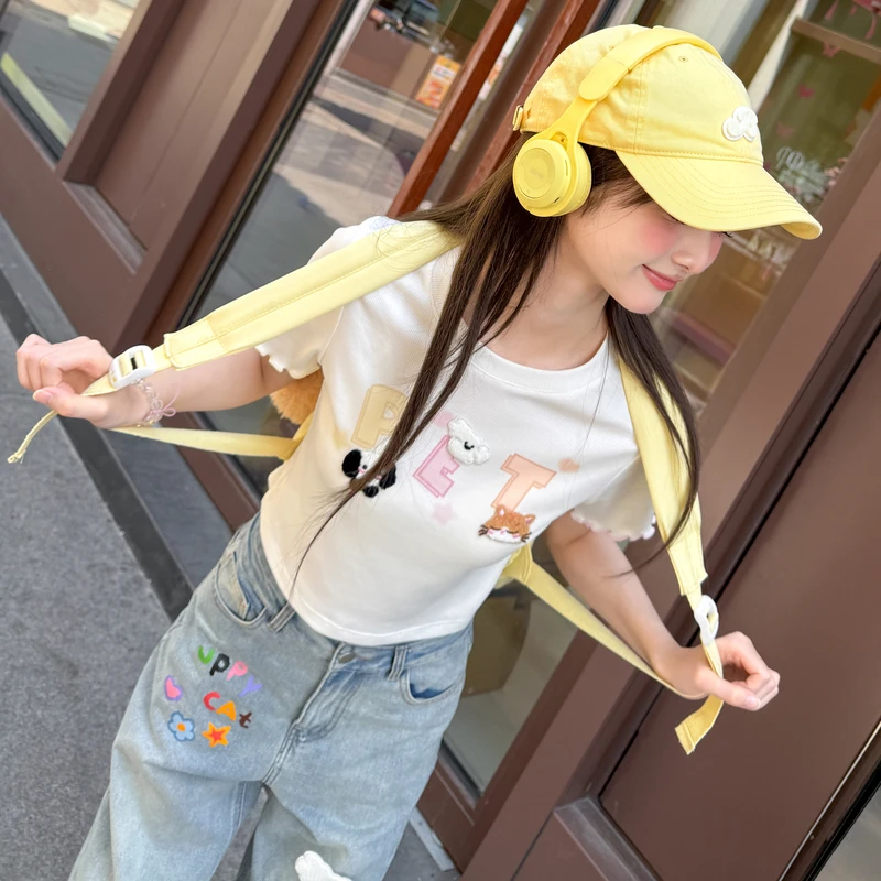 【小呆鸟专享】 森女部落原创萌趣小狗贴布短袖女T恤短款上衣