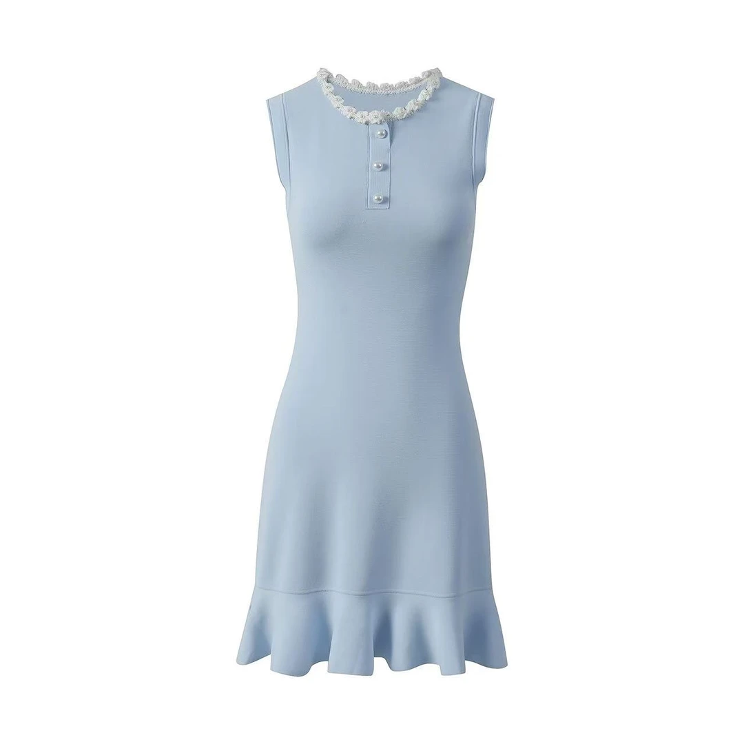 2025夏季新款高级感纯色女装时尚花朵装饰荷叶边无袖针织连衣裙