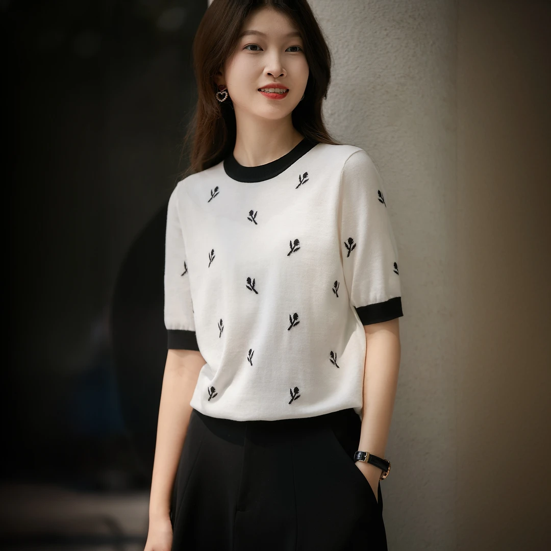 短袖女款爆款2025新款春夏独特漂亮小衫通勤提花工艺佰搭针织上衣