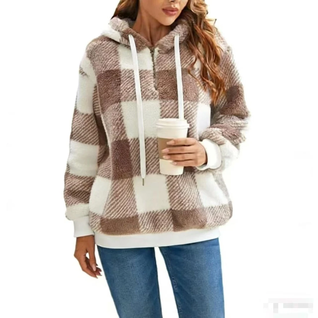 2025年时尚新款春秋毛毛半开领拉链抽绳格子女装上衣卫衣百搭6099