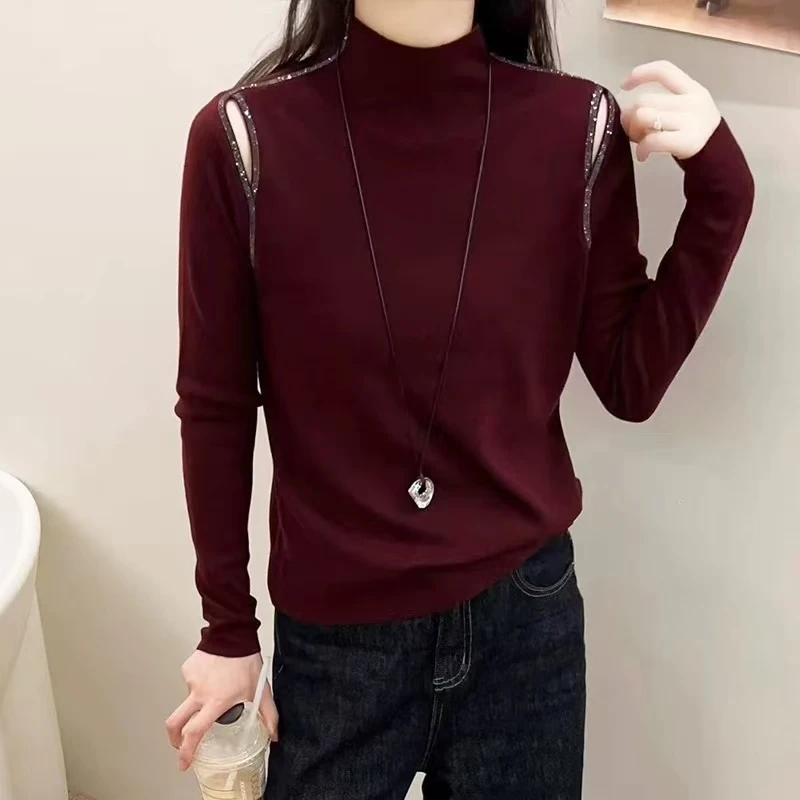 新款镂空内搭衫长袖保暖修身纯色秋冬百搭针织时尚加绒加厚毛衣