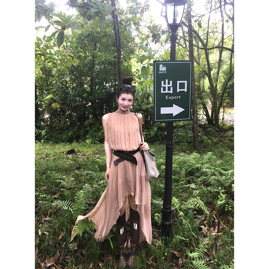 优雅可露丽风无袖雪纺背心连衣裙不规则飘逸裙摆长裙时尚长裙显瘦