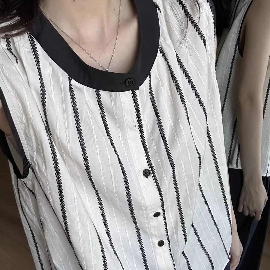 【卢大婷专属】高级感条纹薄款无袖衬衫拼接夏季薄款设计感显瘦上衣