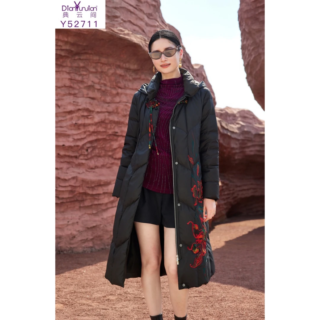 52711新款中长款连帽保暖时尚刺绣加厚显瘦女冬季