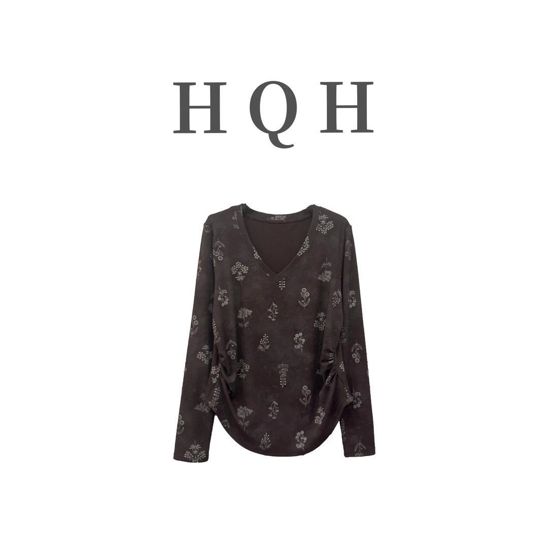 『1414#』秋季印花V领高级感时尚正肩褶皱收腰显瘦长袖T恤