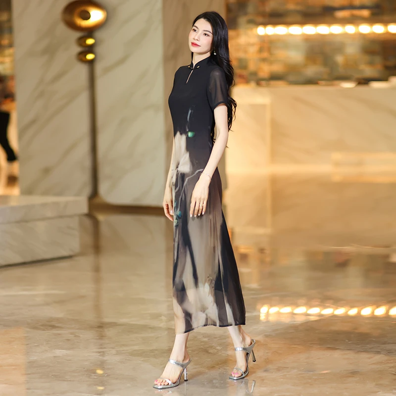 新中式国风连衣裙夏季2025新款高级感气质显瘦裙子女夏装薄纱长裙