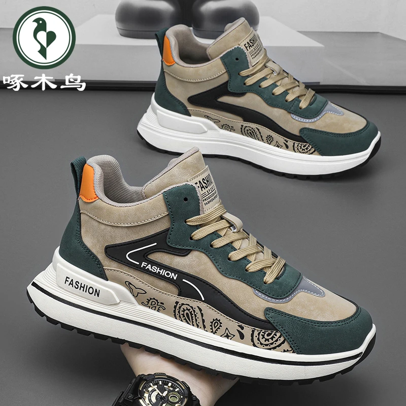 啄木鸟男鞋冬季新款软底高帮休闲板鞋男士潮流百搭运动厚底阿甘鞋