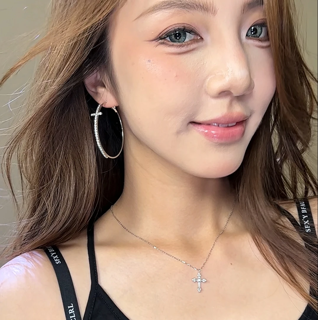 铜合金锆石耳饰 银针镶钻十字圆形耳圈欧美复古时尚气质素圈耳