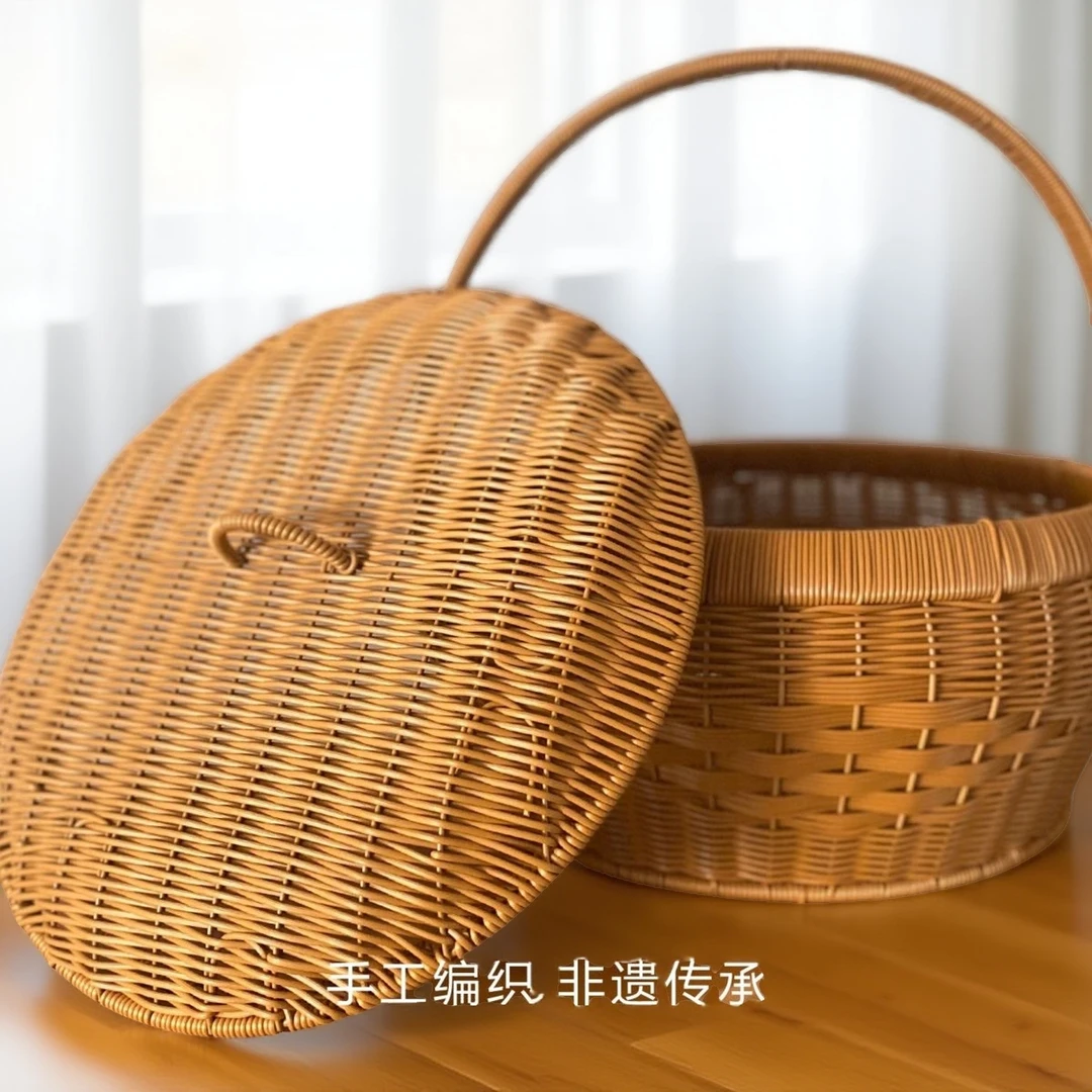 拜神拜祖宗新款拜拜圆形提篮篮子带盖手工编织藤编收纳手提野餐蓝