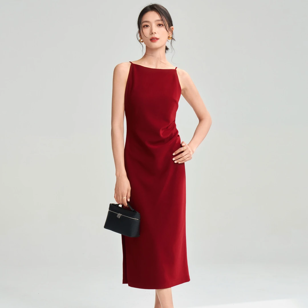夏季法式礼服裙骨感立裁手工捏褶一字领侧开叉时尚显瘦背心连衣裙