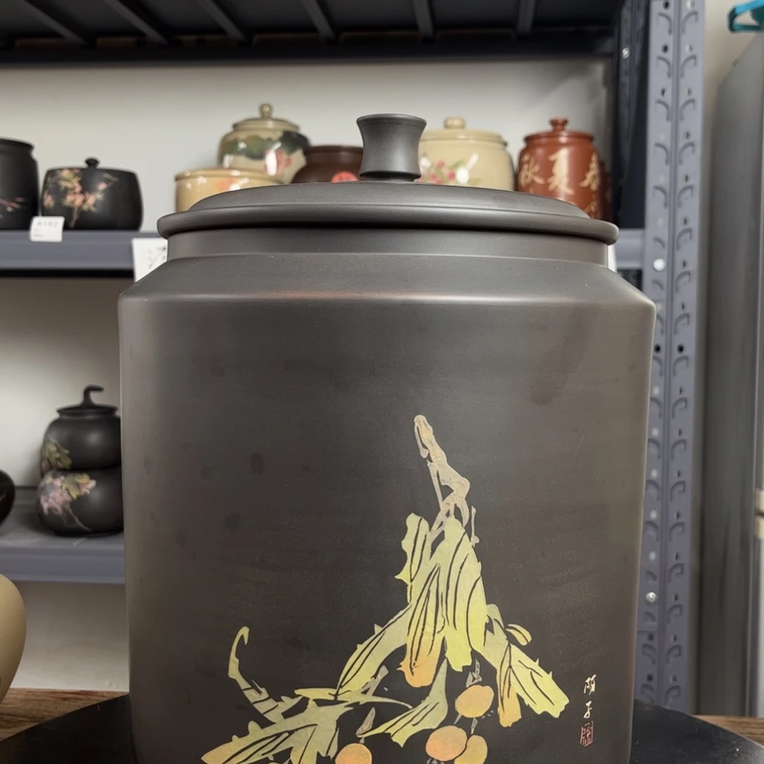 正品红泥哑光彩填九饼缸