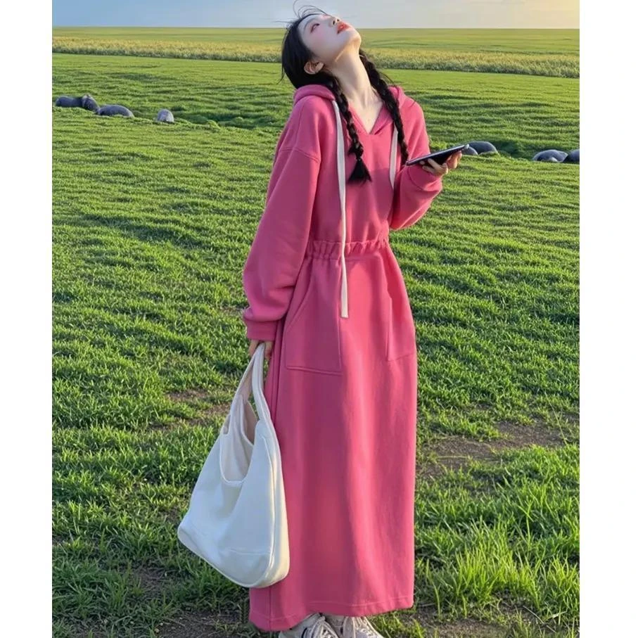粉色休闲连帽卫衣裙女春季2025新款温柔风清纯系收腰显瘦连衣长裙