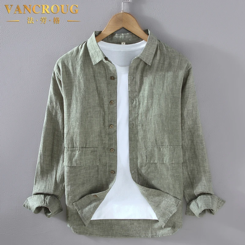 VANCROUG/法劳格长袖衬衫男士春夏时尚休闲百搭简约透气复古上衣