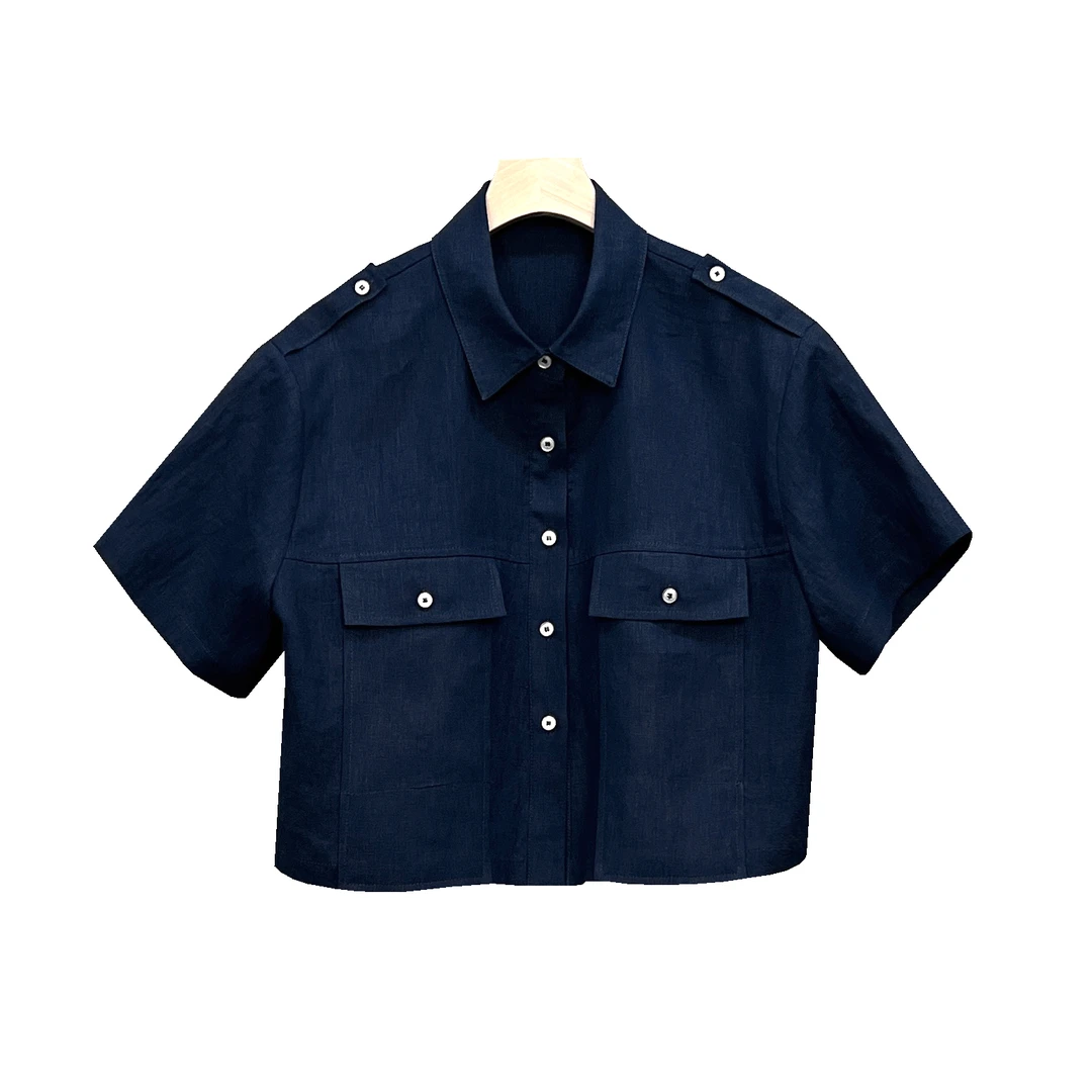 【对影】原创【仲夏】100%亚麻夏季时尚百搭翻领短款衬衣工装风衬衫女