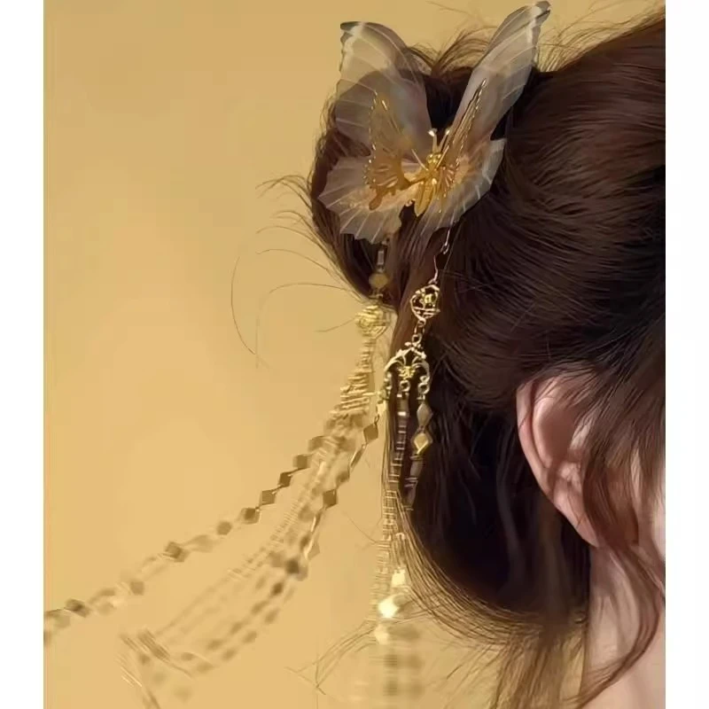 超仙国风灵动蝴蝶流苏发夹古风汉服发饰女侧边对夹新中式头饰发卡