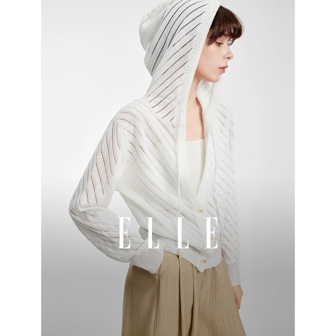 ELLE25春新款法式优雅斜条纹连帽针织开衫女通勤风EZ50762
