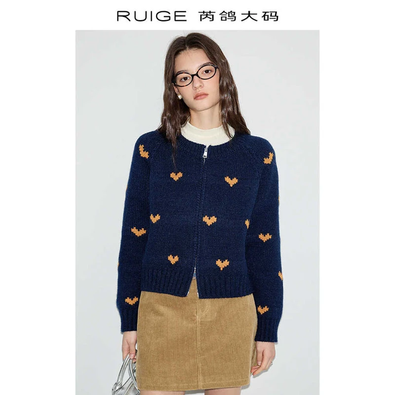 芮鸽微胖老钱风撞色桃心针织开衫女短款绑带上衣胖mm女装内搭打底