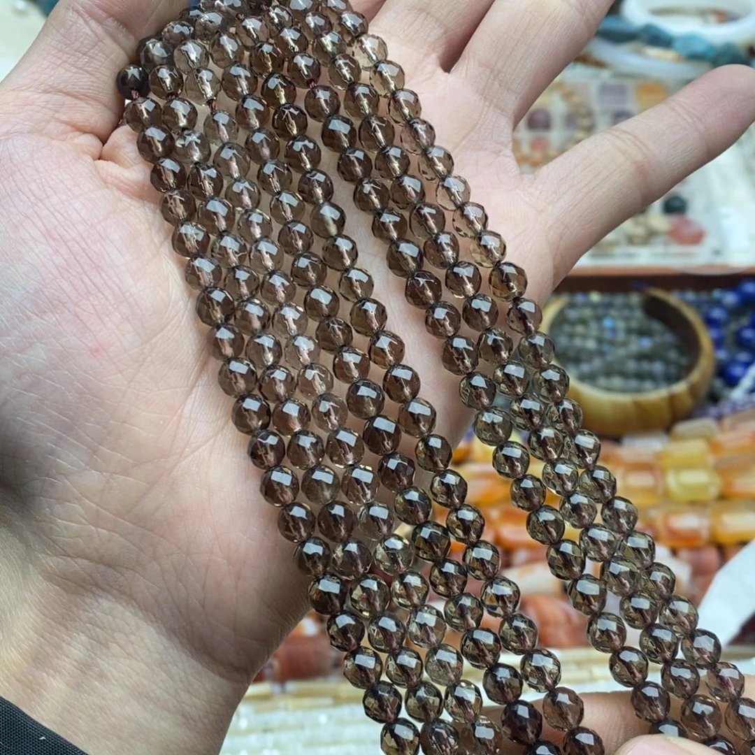 玛瑙/玉髓未镶嵌珠宝半成品一条天然6mm净体茶晶切面圆珠