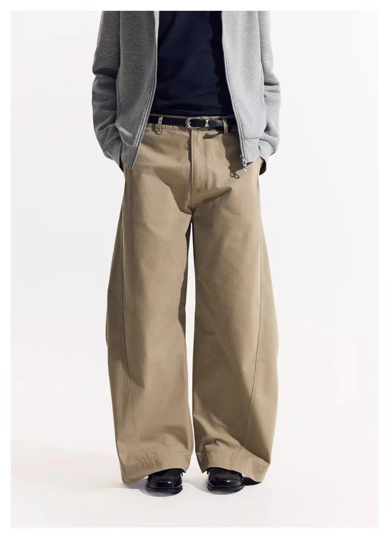 廓形弯刀裤复古卡其色抽折弧线多细节长裤简约百搭宽松牛仔休闲裤