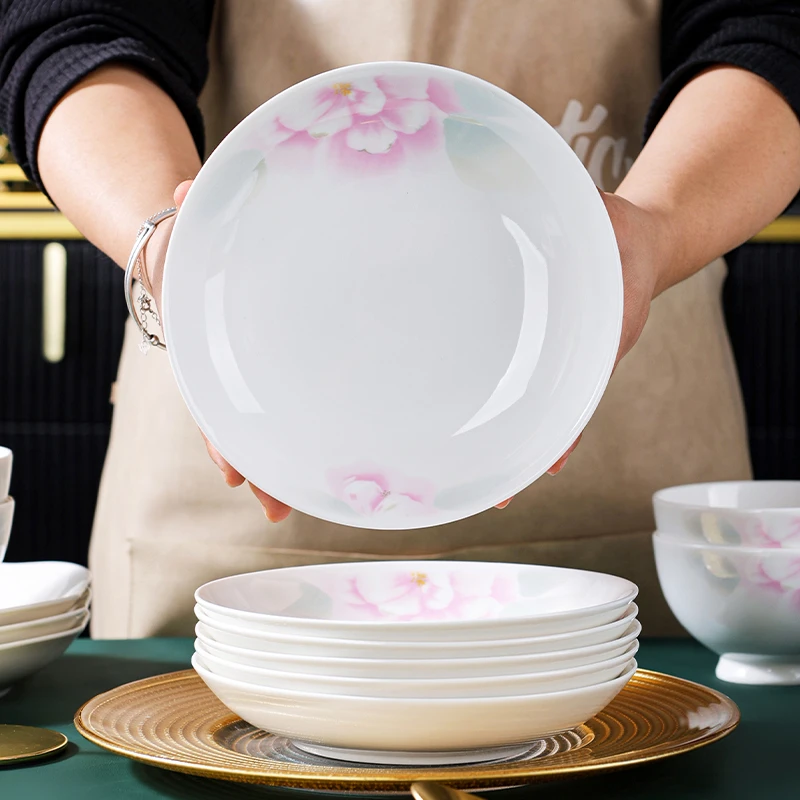 句途妙笔生花6个7英寸盘子新骨瓷饭盘家用加厚菜盘子轻奢中式深盘
