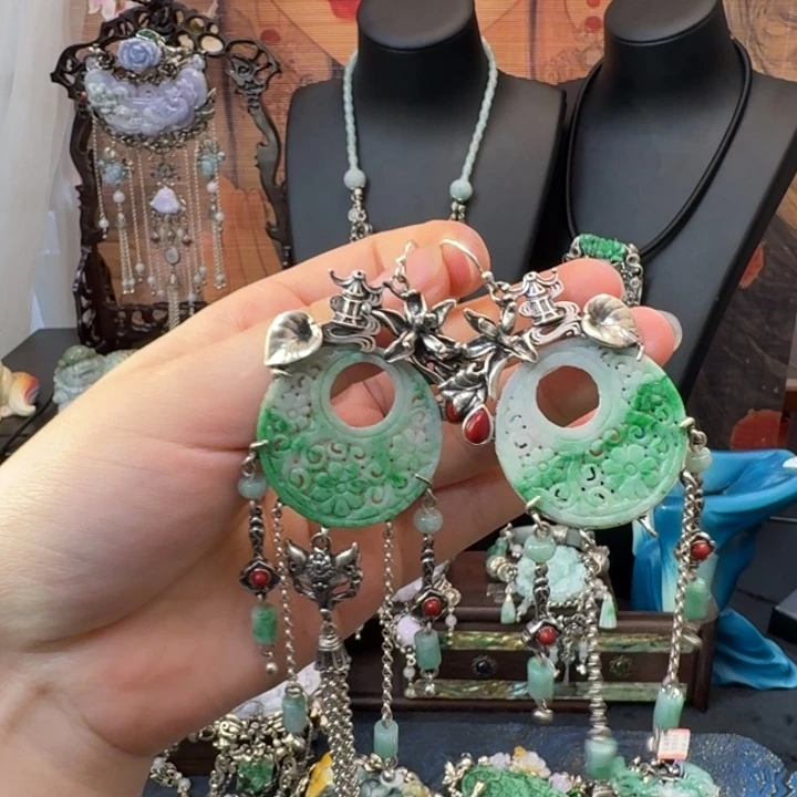 翡翠银S925镶嵌颈饰耳环