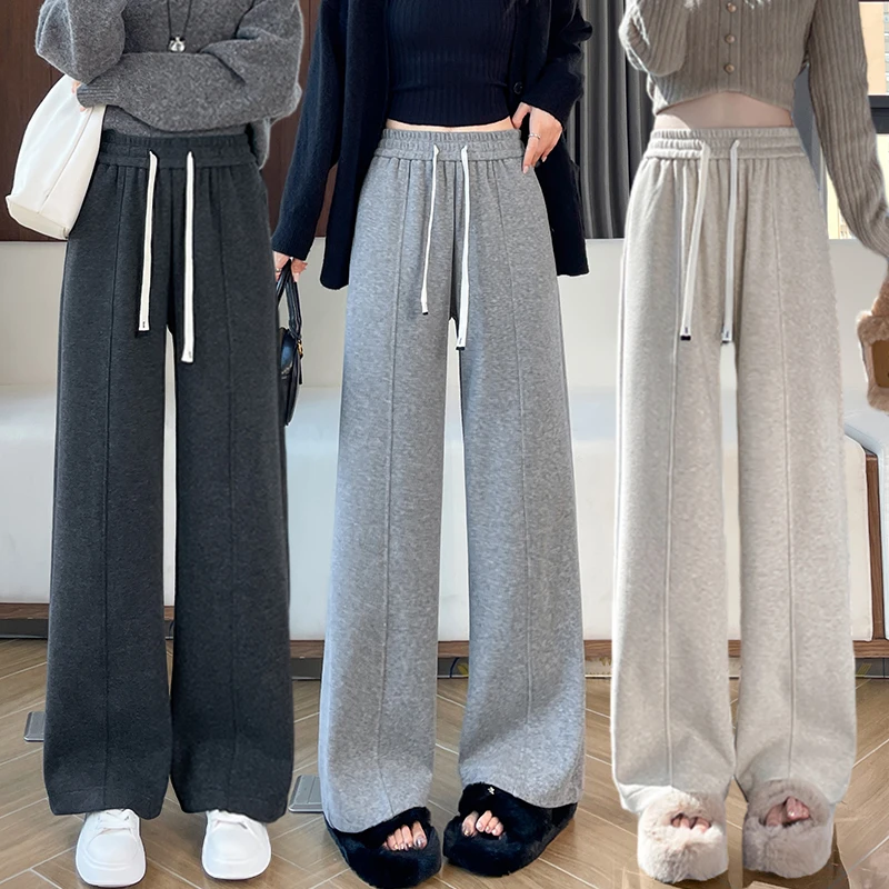 秋冬毛呢糯米裤女宽松垂感大码显瘦加绒加厚小个子九分直筒阔腿裤