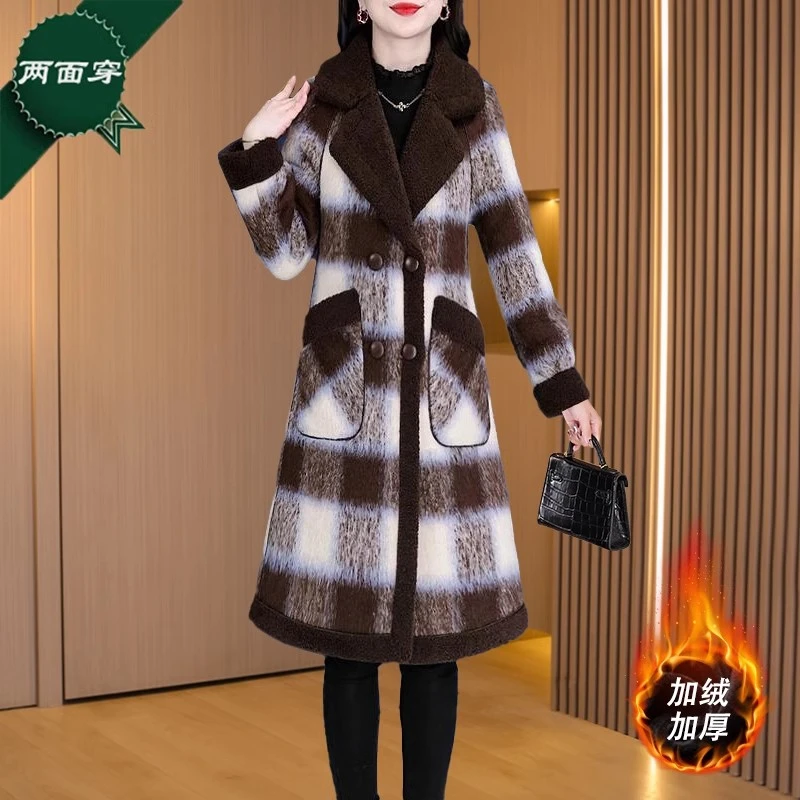 【可蓓儿】格纹双面穿加绒加厚毛呢外套女款2025新款冬季时尚妈妈装