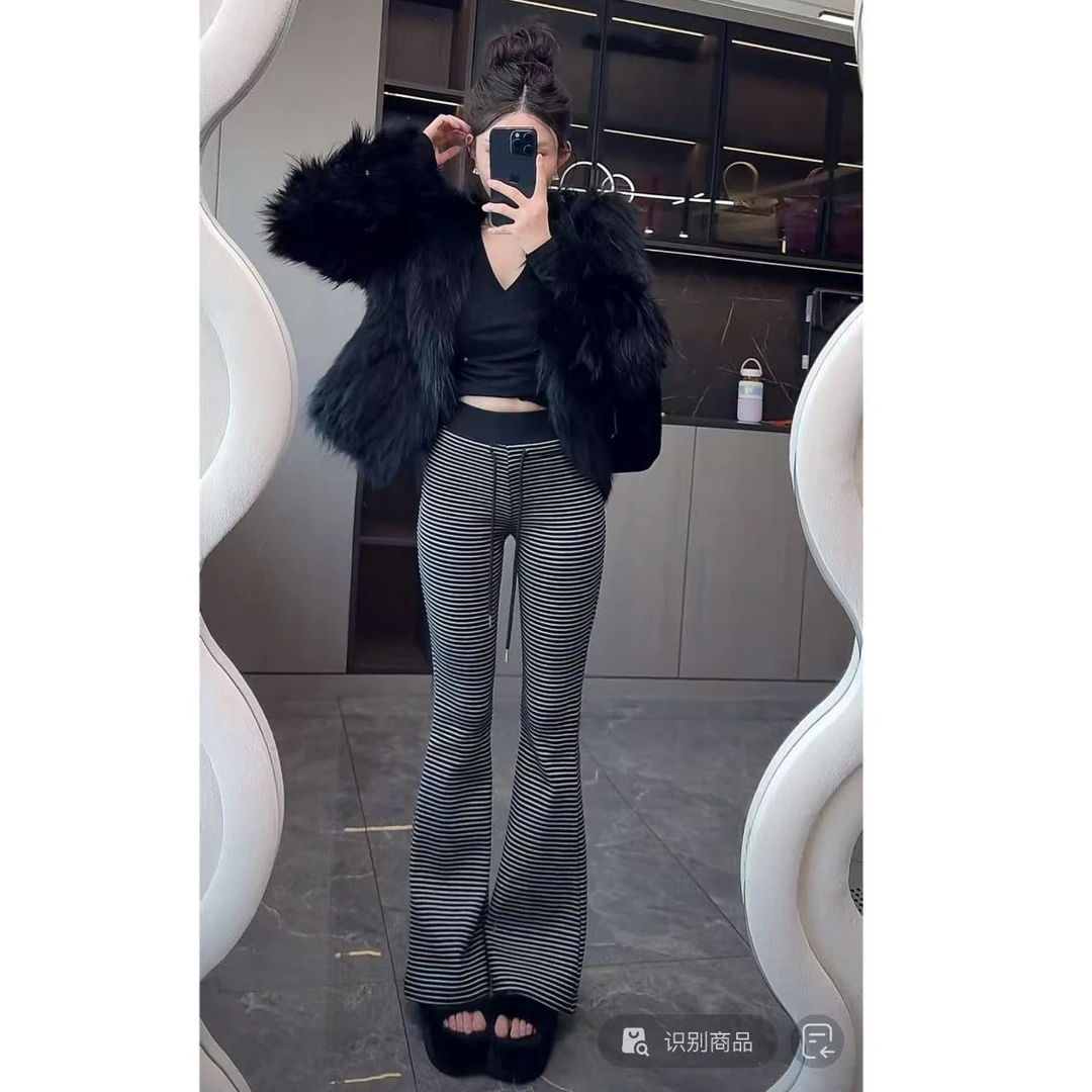 曼曼【条纹喇叭裤】韩版抽绳显腿长百搭显瘦喇叭长裤