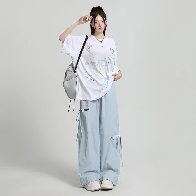 美式破洞蝴蝶结系带速干裤夏季高腰显瘦休闲裤阔腿裤LB41015百搭