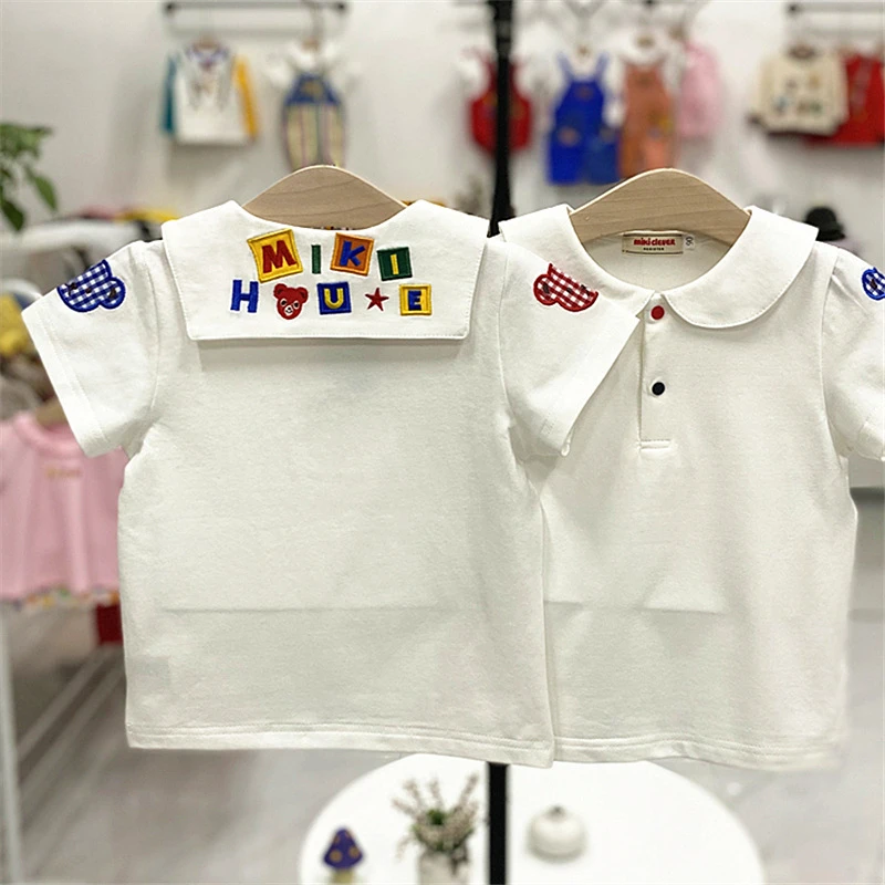 24夏日系miki棉质儿童短袖T恤彩色刺绣小翻领学院风T恤上衣2532