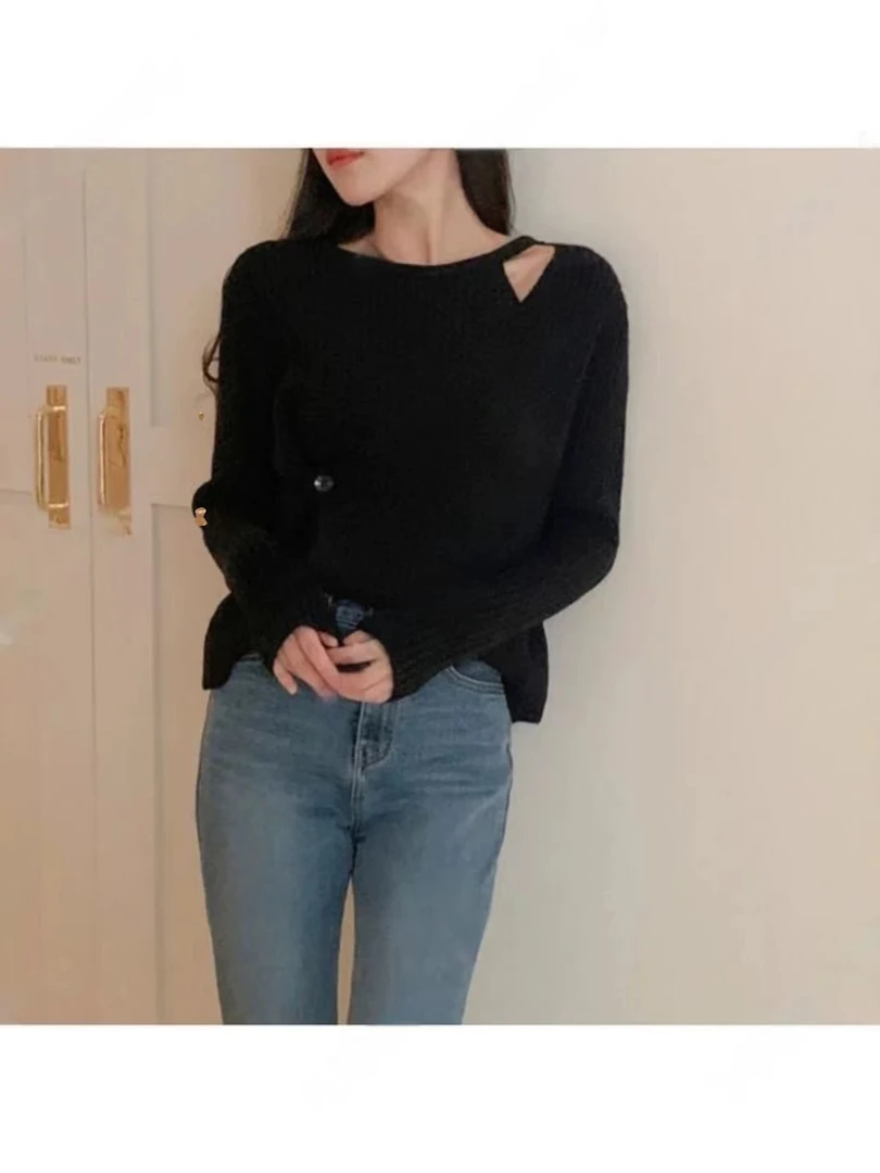 冬季新款加厚不规则假两件纽扣气质时尚洋气减龄显瘦针织毛衣-O