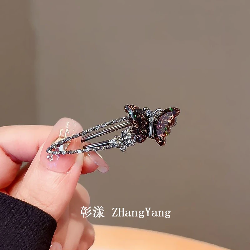 黑彩小蝴蝶发夹女2024新款侧边刘海夹子精致发卡高级感碎发鸭嘴夹