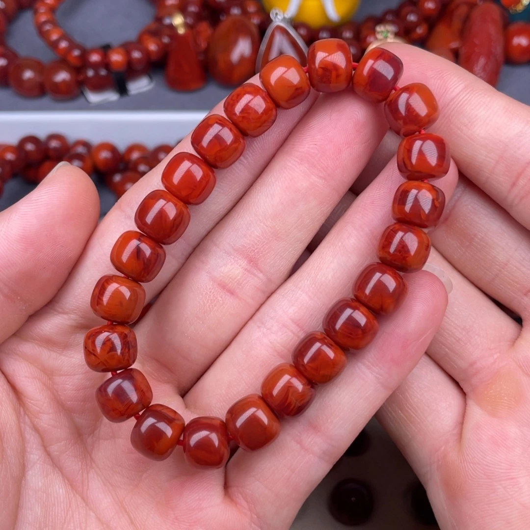 南红玛瑙未镶嵌其他9.8mm瓦西玫红火焰纹原矿手串