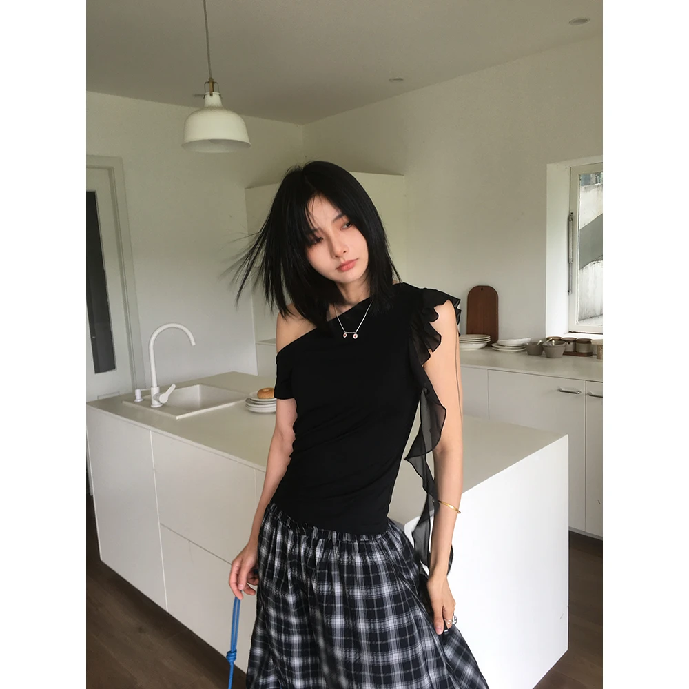 JCCC影子【单袖涟漪】黑色飘带斜领露肩短袖T恤JE5DBX13