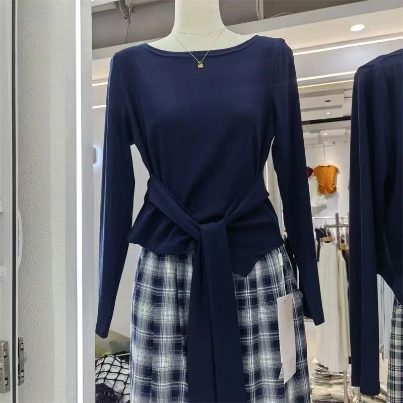 5902条纹裤小众短袖T恤高腰显瘦格子阔腿裤潮
