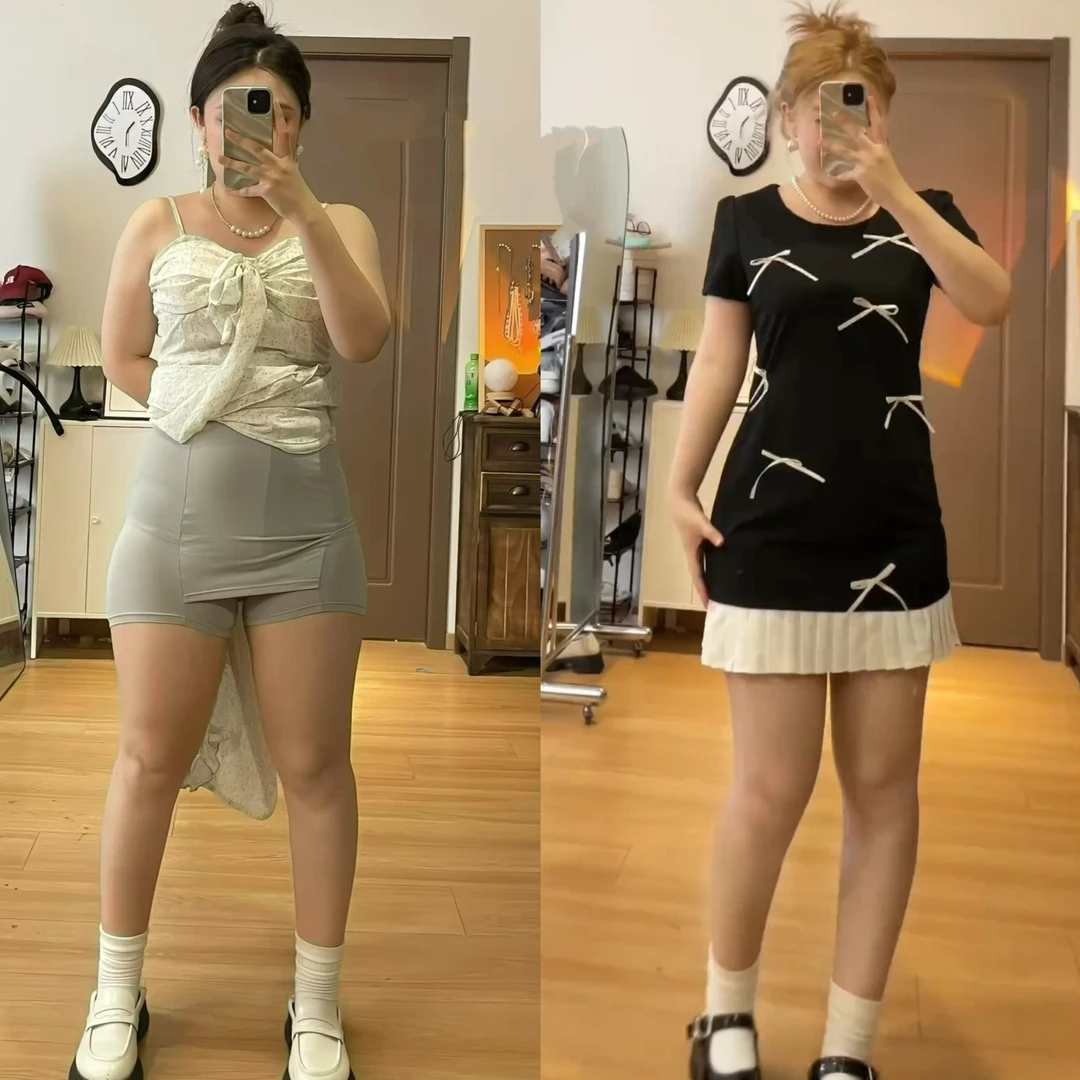 大码蝴蝶结连衣裙女夏季显瘦遮肚拼接短裙微胖MM甜美气质T恤裙子