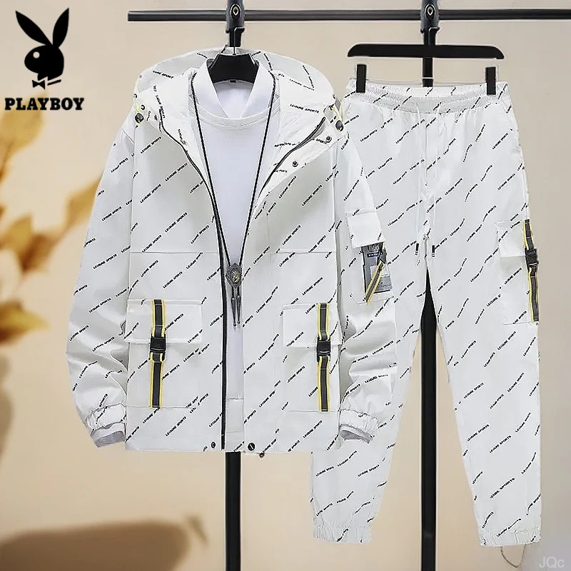 花花公子加绒潮流衣服男套装外套长裤上衣男士秋冬季冬装加厚保暖