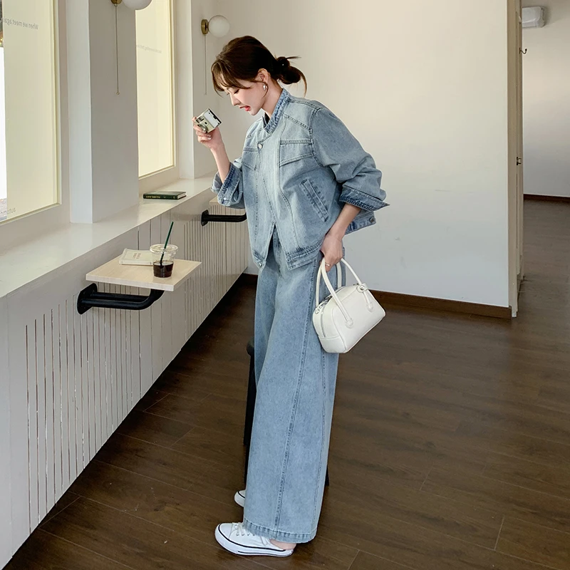 蓝色港风率性干练设计感牛仔套装女2025春季新款外套阔腿裤两件套