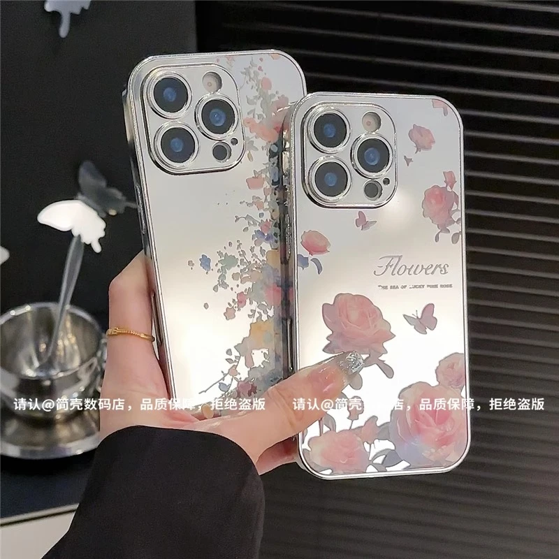 春季玫瑰电镀银镜面适用苹果16手机壳华为小众oppo高级小米15vivo