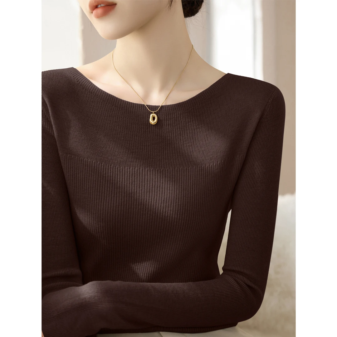 新款高级感简约一字肩内搭上衣女装秋冬深棕色长袖修身打底针织衫