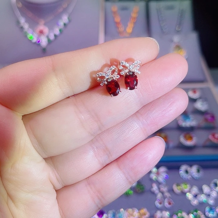 石榴石耳饰银S925镶嵌