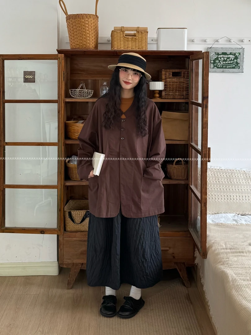 火火【布浆】新款秋冬日系外套宽松大码扣子显瘦纯色女外套设计款